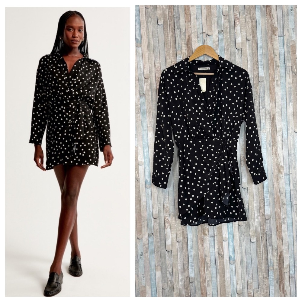New Abercrombie & Fitch Polka Dot Wrap Mini Dress Black White Long Sleeve S